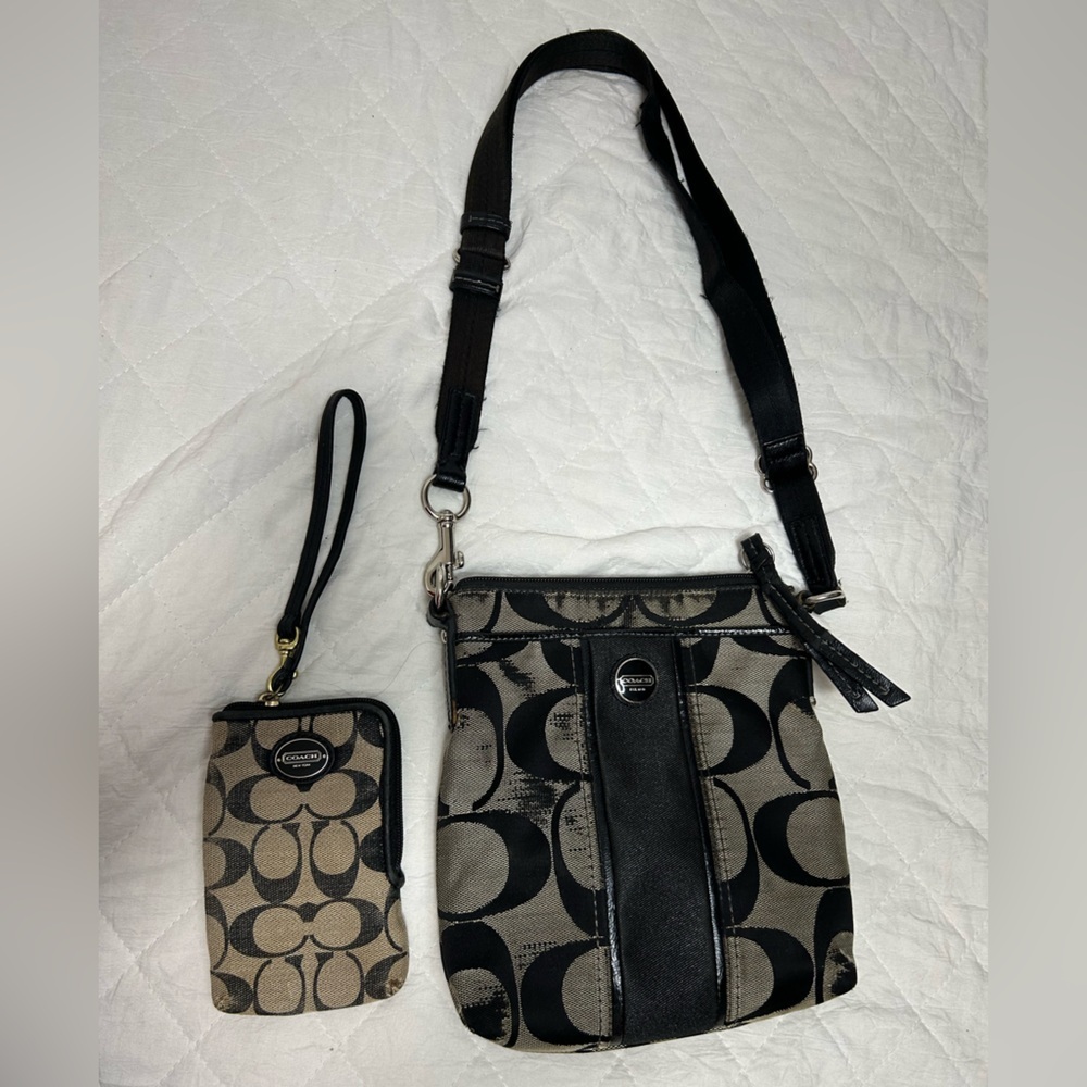 Coach Black and Tan Signature Crossbody and Wristlet